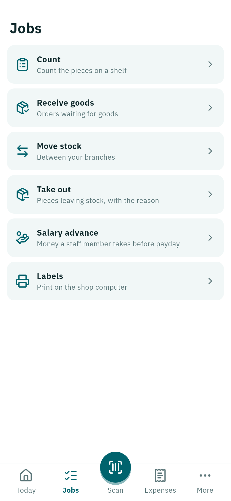 Companion Jobs screen: stock count, receive goods, move stock, take out of stock, salary advance and labels.